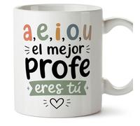 MUGFFINS regalo profesor divertido | taza profe con frase a,e,i,o,u el mejor profe eres tú en Español | detalle maestro cerámica 330 Ml/11 oz | desayuno colegio | Enseñanza v4