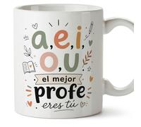 MUGFFINS regalo profesor divertido | taza profe con frase a,e,i,o,u el mejor profe eres tú en Español | detalle maestro cerámica 330 Ml/11 oz | desayuno colegio | Enseñanza v7