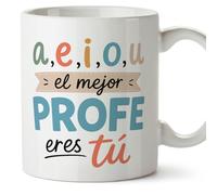 MUGFFINS regalo profesor divertido | taza profe con frase a,e,i,o,u el mejor profe eres tú en Español | detalle maestro cerámica 330 Ml/11 oz | desayuno colegio | Enseñanza v3