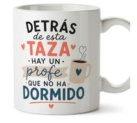 MUGFFINS regalo profesor divertido | taza profe con frase Detrás de esta taza hay un profe que no ha dormido en Español | detalle maestro cerámica 330 Ml/11 oz | desayuno colegio | Enseñanza v2