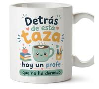 MUGFFINS regalo profesor divertido | taza profe con frase Detrás de esta taza hay un profe que no ha dormido en Español | detalle maestro cerámica 330 Ml/11 oz | desayuno colegio | Infantil v3