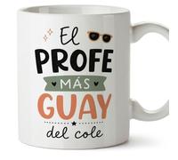 MUGFFINS regalo profesor divertido | taza profe con frase El profe más guay del cole en Español | detalle maestro cerámica 330 Ml/11 oz | desayuno colegio | Enseñanza v7