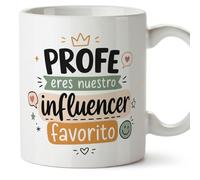 MUGFFINS regalo profesor divertido | taza profe con frase Profe eres nuestro influencer favorito en Español | detalle maestro cerámica 330 Ml/11 oz | desayuno colegio | Enseñanza v6