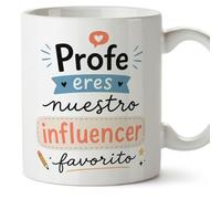 MUGFFINS regalo profesor divertido | taza profe con frase Profe eres nuestro influencer favorito en Español | detalle maestro cerámica 330 Ml/11 oz | desayuno colegio | Enseñanza v2