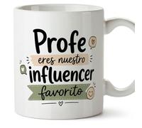 MUGFFINS regalo profesor divertido | taza profe con frase Profe eres nuestro influencer favorito en Español | detalle maestro cerámica 330 Ml/11 oz | desayuno colegio | Enseñanza v4