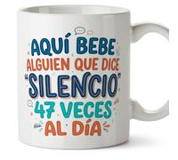 MUGFFINS regalo profesora divertida | regalo profesor divertido | taza profe Aquí bebe alguien que dice silencio 47 veces al día en Español 330 Ml | cerámica resistente | Profesorado v1