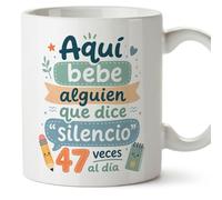 MUGFFINS regalo profesora divertida | regalo profesor divertido | taza profe Aquí bebe alguien que dice silencio 47 veces al día en Español 330 Ml | cerámica resistente | Infantil v3