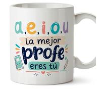MUGFFINS regalo profesora divertida | taza profe con frase a,e,i,o,u la mejor profe eres tú en Español | detalle maestra original | cerámica 330 Ml 11 oz | Infantil v2