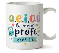 MUGFFINS regalo profesora divertida | taza profe con frase a,e,i,o,u la mejor profe eres tú en Español | detalle maestra original | cerámica 330 Ml 11 oz | Infantil v3