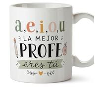 MUGFFINS regalo profesora divertida | taza profe con frase a,e,i,o,u la mejor profe eres tú en Español | detalle maestra original | cerámica 330 Ml 11 oz | Enseñanza v4