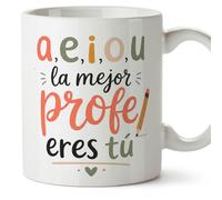 MUGFFINS regalo profesora divertida | taza profe con frase a,e,i,o,u la mejor profe eres tú en Español | detalle maestra original | cerámica 330 Ml 11 oz | Enseñanza v2