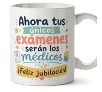 MUGFFINS regalo profesora jubilación | Taza profe con frase Ahora tus únicos exámenes serán los médicos ¡Feliz jubilación! en Español | Cerámica 330 Ml 11 oz | Infantil v1