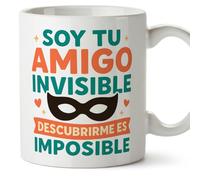 MUGFFINS Taza amigo invisible divertida con frase Soy tu amigo invisible descubrirme es imposible en Español | regalo gracioso | 330 Ml 11 oz | Microondas y lavavajillas | Am inv v1