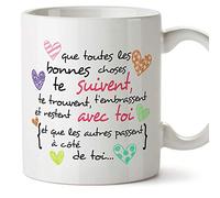 MUGFFINS Taza con Frase motivacional - Que todo lo bueno (en frances) - 350 ml - Tazas Originales de Desayuno para Regalar a Amigas Amigos y Seres Queridos