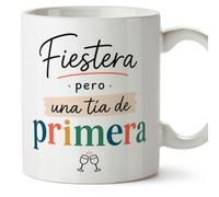 MUGFFINS taza con frases divertidas para mejores amigas Amistad v4 | Cerámica 330 ml; «Fiestera pero una tía de primera» en Español