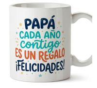 MUGFFINS Taza cumple papá con frase Papá cada año contigo es un regalo ¡Felicidades! en Español | regalo original desayuno café 330 Ml 11 oz | regalos cumpleaños padre | papi mami v6