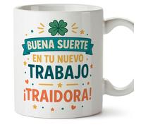 MUGFFINS taza despedida compañera trabajo con frase Buena suerte en tu nuevo trabajo ¡Traidora! en Español | regalo despedida trabajo graciosa divertida | 330 Ml 11 oz | cerámica | Adiós compa v1