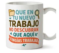 MUGFFINS taza despedida compañero trabajo Que en tu nuevo trabajo no descubran que aquí fingías trabajar en Español | regalo despedida trabajo compañera graciosa divertida | 330 Ml Adiós compa v2