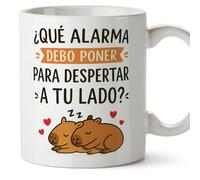 MUGFFINS taza enamorados Mug ¿Qué alarma debo poner para despertar a tu lado? en español | regalo original aniversario, capibaras, amor, novios, romántico, San Valentín, carpincho | capylove v1