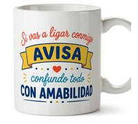 MUGFFINS taza frases divertidas risa v2 | Frase Si vas a ligar conmigo avisa confundo todo con amabilidad en Español, cerámica de 330 ml