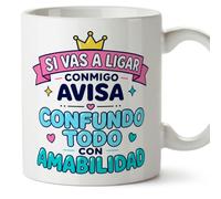 MUGFFINS taza frases divertidas risa v4 | Frase Si vas a ligar conmigo avisa confundo todo con amabilidad en Español, cerámica de 330 ml
