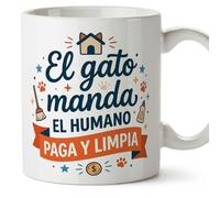 MUGFFINS Taza gato El gato manda el humano paga y limpia en Español | regalo original, tazas divertidas para regalar, humor, graciosas | 330 Ml / 11 oz | gatitos y perritos v2