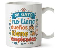 MUGFFINS Taza gato Mi gato no tiene dueños tiene empleados en Español | regalo original, tazas divertidas para regalar, humor, graciosas | 330 Ml / 11 oz | gatitos y perritos v4