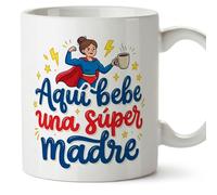 MUGFFINS Taza mamá con frase Aquí bebe una súper madre en Español | regalo madre | 330 Ml 11 oz | Idea original para regalar | papi mami v6