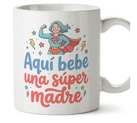 MUGFFINS Taza mamá con frase Aquí bebe una súper madre en Español | regalo madre | 330 Ml 11 oz | Idea original para regalar | papi mami v3