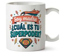 MUGFFINS Taza mamá con frase Soy madre ¿cuál es tu superpoder? en Español | regalo madre | 330 Ml 11 oz | Idea original para regalar | progenitores v5