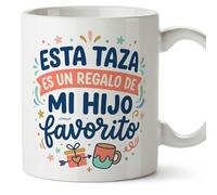 MUGFFINS taza mamá y papá graciosa con frase Esta taza es un regalo de mi hijo favorito en Español | regalo madre y padre divertido | regalo cumpleaños madre y padre | 330 Ml 11 oz | papi mami v8