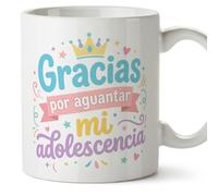 MUGFFINS taza mamá y papá graciosa con frase Gracias por aguantar mi adolescencia en Español | regalo madre y padre divertido | regalo cumpleaños madre y padre | 330 Ml 11 oz | papi mami v7