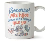 MUGFFINS taza mamá y papá graciosa con frase ¡Socorro! Mis hijos tienen más energía que yo en Español | regalo madre y padre divertido | regalo cumpleaños madre y padre | 330 Ml 11 oz | papi mami v1