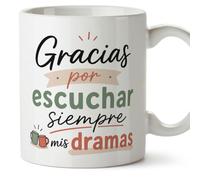 MUGFFINS taza para amigas y amigos Amistad v1 | Cerámica 330 ml; «Gracias por escuchar siempre mis dramas» en Español