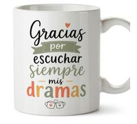 MUGFFINS taza para amigas y amigos Amistad v4 | Cerámica 330 ml; «Gracias por escuchar siempre mis dramas» en Español