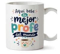 MUGFFINS taza profe con frase Aquí bebe la mejor profe del mundo en Español | regalo profesora, detalle maestra | cerámica 330 Ml/11 oz | desayuno, colegio, escuela | Infantil v2