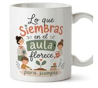 MUGFFINS taza profe con frase Lo que siembras en el aula florece para siempre en Español | regalo profesora, detalle maestra | cerámica 330 Ml/11 oz | desayuno, colegio, escuela | Enseñanza v1