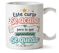 MUGFFINS taza profesora y profesor con frase Este curso se acaba pero lo que aprendimos se queda en Español | regalo profe original | detalle agradecimiento fin de curso | Infantil v5
