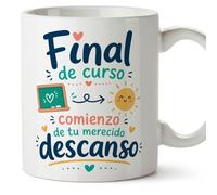 MUGFFINS taza profesora y profesor con frase Final de curso comienzo de tu merecido descanso en Español | regalo profe original | detalle agradecimiento fin de curso | Infantil v1