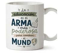 MUGFFINS taza profesora y profesor con frase La educación es el arma más poderosa para cambiar el mundo en Español | regalo profe original | detalle agradecimiento fin de curso | Enseñanza v1