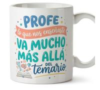 MUGFFINS taza profesora y profesor con frase Profe lo que nos enseñaste va mucho más allá del temario en Español | regalo profe original | detalle agradecimiento fin de curso | Profesorado v3