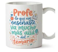 MUGFFINS taza profesora y profesor con frase Profe lo que nos enseñaste va mucho más allá del temario en Español | regalo profe original | detalle agradecimiento fin de curso | Profesorado v1