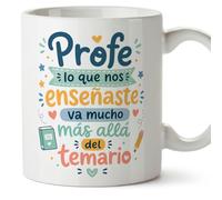 MUGFFINS taza profesora y profesor con frase Profe lo que nos enseñaste va mucho más allá del temario en Español | regalo profe original | detalle agradecimiento fin de curso | Infantil v2
