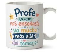MUGFFINS taza profesora y profesor con frase Profe lo que nos enseñaste va mucho más allá del temario en Español | regalo profe original | detalle agradecimiento fin de curso | Infantil v4