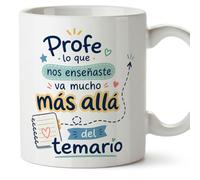 MUGFFINS taza profesora y profesor con frase Profe lo que nos enseñaste va mucho más allá del temario en Español | regalo profe original | detalle agradecimiento fin de curso | Infantil v5
