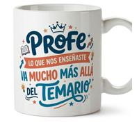 MUGFFINS taza profesora y profesor con frase Profe lo que nos enseñaste va mucho más allá del temario en Español | regalo profe original | detalle agradecimiento fin de curso | Profesorado v5