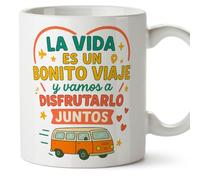 MUGFFINS taza regalo novia y novio con frase La vida es un bonito viaje y vamos a disfrutarlo juntos en Español | aniversario, regalos San Valentín, cumpleaños, romántico, amor | pareja-2 v3