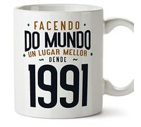 MUGFFINS Tazas 1991 Cumpleaños - En Gallego - Facendo do Mundo un Lugar Mellor - 11 oz / 330 ml - Regalo original y divertido