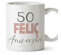 MUGFFINS Tazas 50 Cumpleaños - En Catalán - Feliç Aniversari! Rosa - 11 oz / 330 ml - Regalo original y divertido