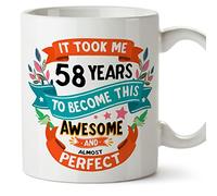 MUGFFINS Tazas 58 Cumpleaños - En Inglés - It took me 58 years to become perfect - 11 oz - Regalo original y divertido